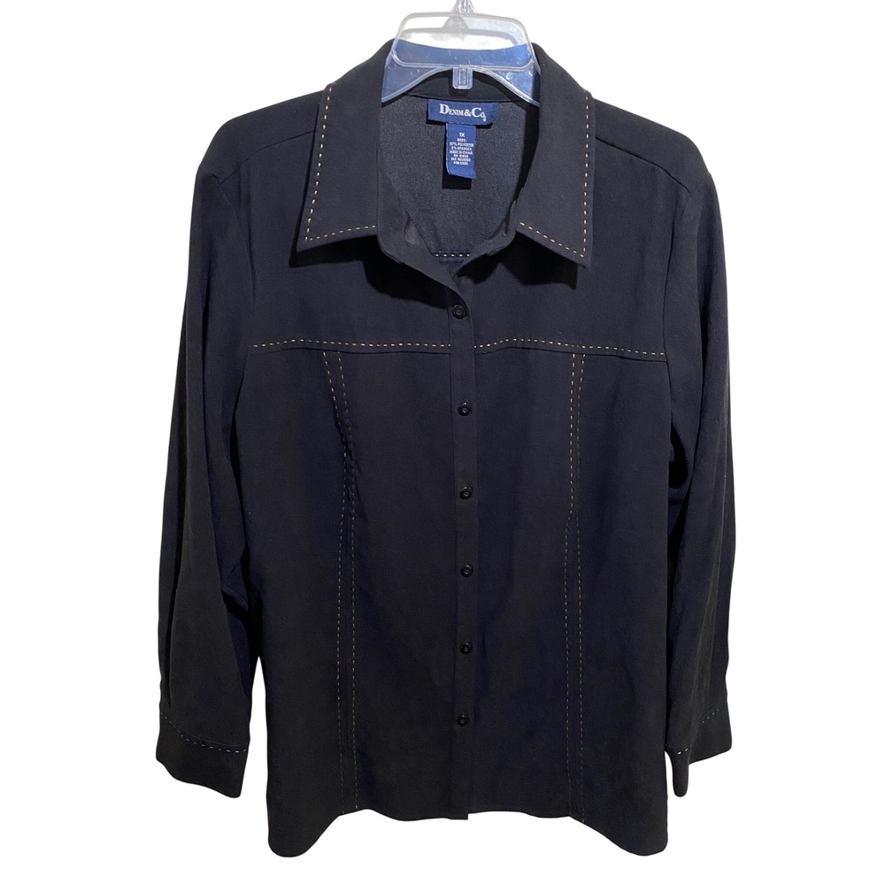 Denim & Co Womens 1X Black Button Down Blouse Contrast Stitching Long Sleeve Top